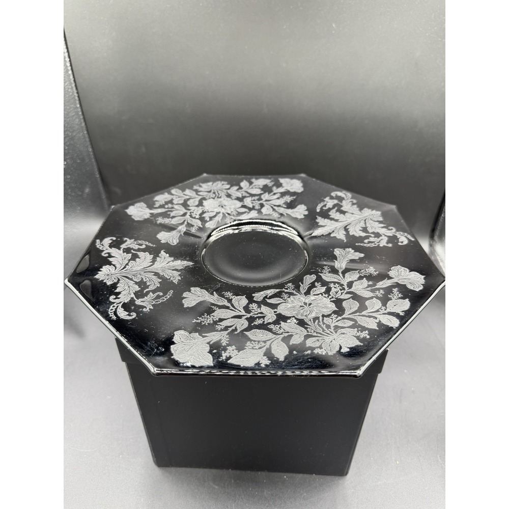 🕯️ Octagonal Black Candle Pillar Tray – Etched Floral & Leaf Design – Vintage ✨